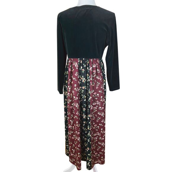 Vintage Smith & Hawken Maxi Dress Size S (READ) Black Burgundy Floral Velvet L/S - Picture 3 of 5